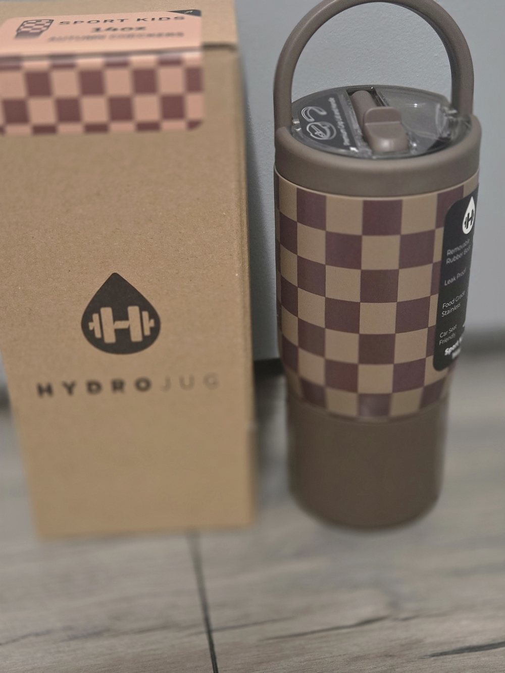 14oz Kids HydroJug Brown Checkered Insulated Water Bottle with Carry Handle